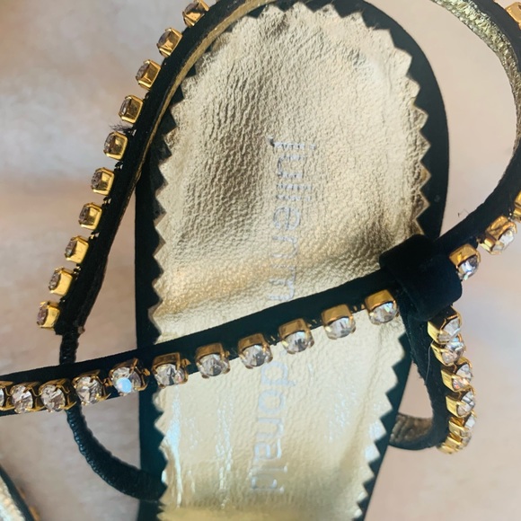 JULIEN MACDONALD black satin strappy sandal heels with rhinestones VTG - Picture 10 of 13